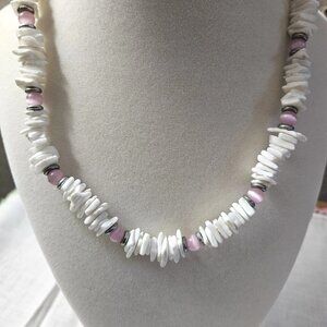 Puka Shell Chip Necklace Rose Quartz Beads Shell 9" Hawaiian